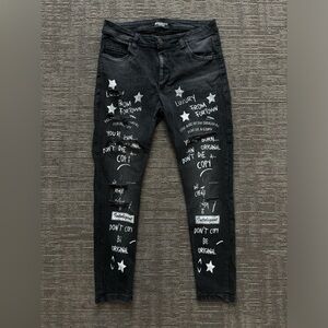 RARE Dan Caten Black Denim Jeans | White Writing & Distressed Detailing